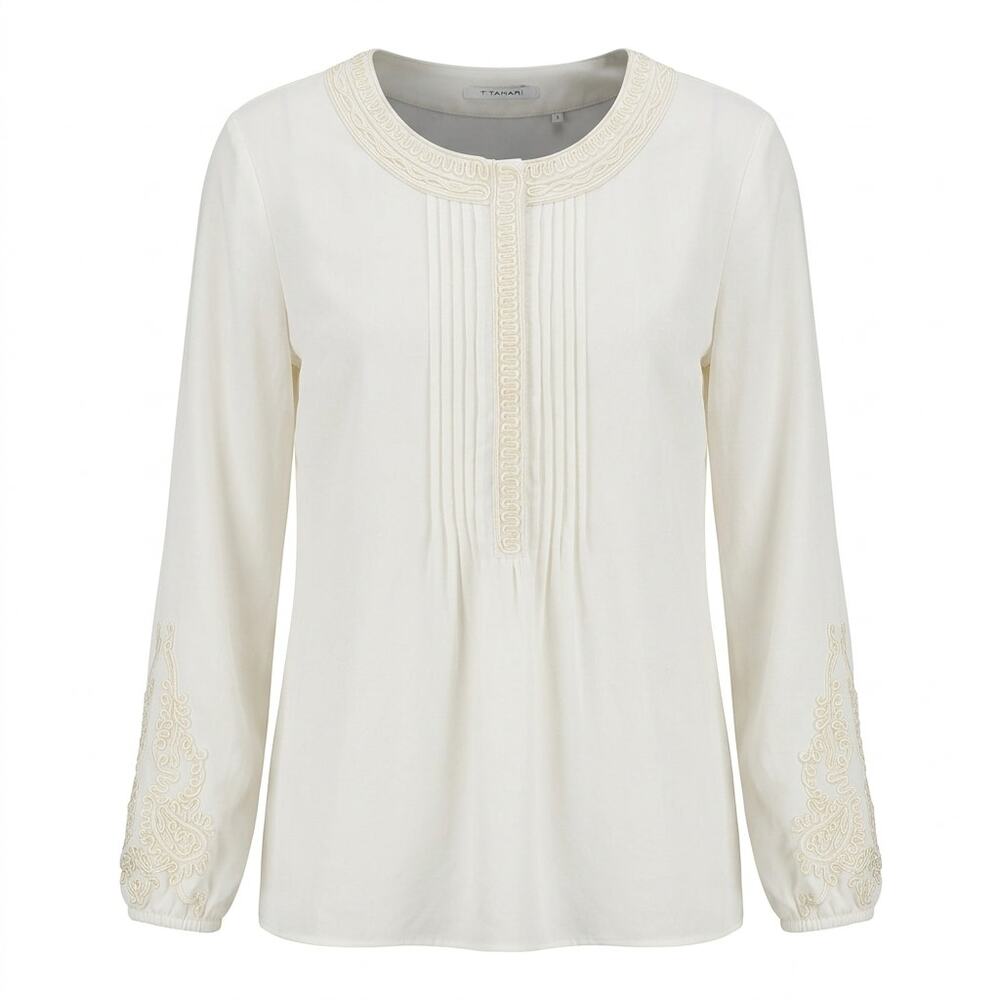 T Tahari Embroidered Crew Neck Chiffon Blouse Women See Measurements